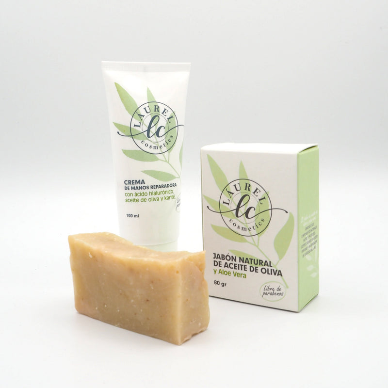 Jabón Natural Artesano de aceite de oliva y aloe vera. Pastilla de jabón de 80ngr con su caja y crema de manos como tratamiento.